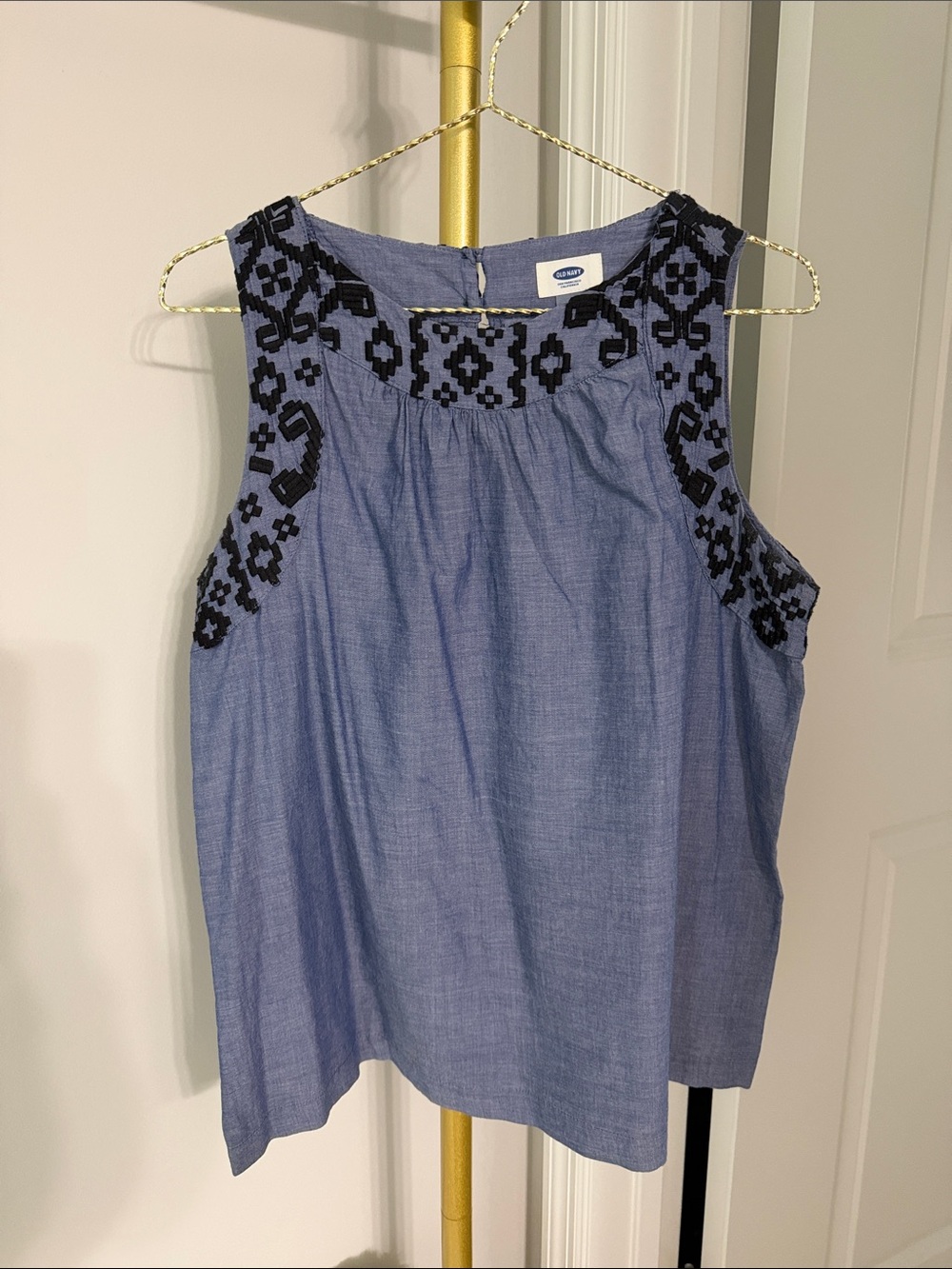 Old Navy Blue Chambray Sleeveless Top with Dark Navy Embroidery
